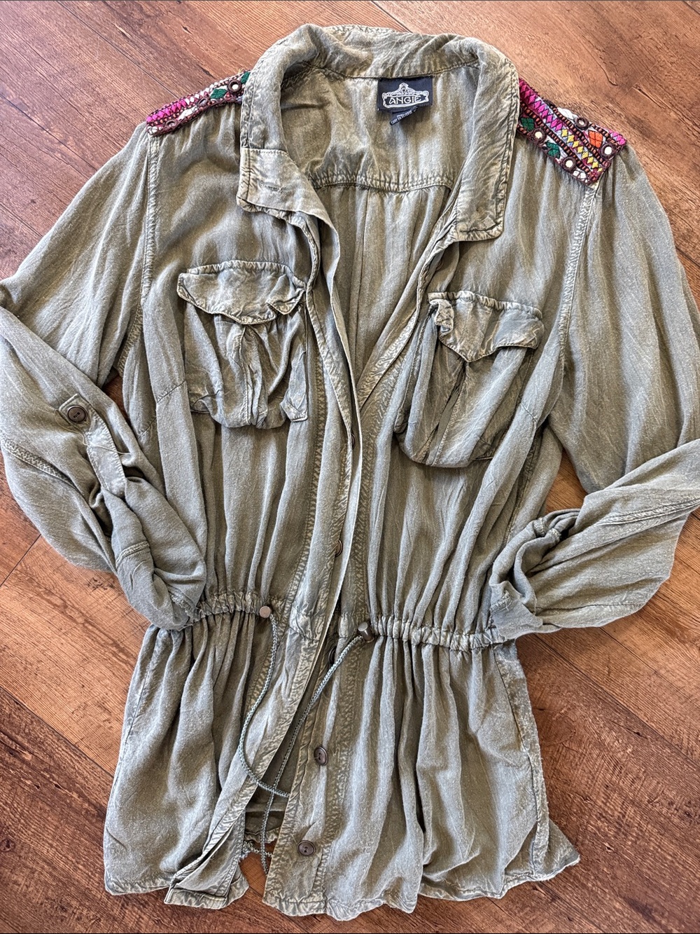 Angie Olive Utility Jacket with Beaded Shoulder Accents